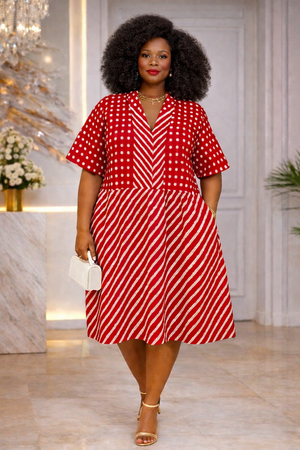 white christmas dresses KEALATILE African Print Button-Front Shift Dress with Drawstring Sides L main image 1